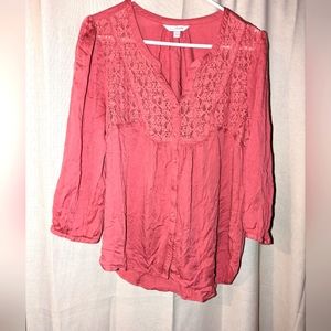 💥4/$20 Dress Top, Crochet front, Flowy, Rosy Pink, Large